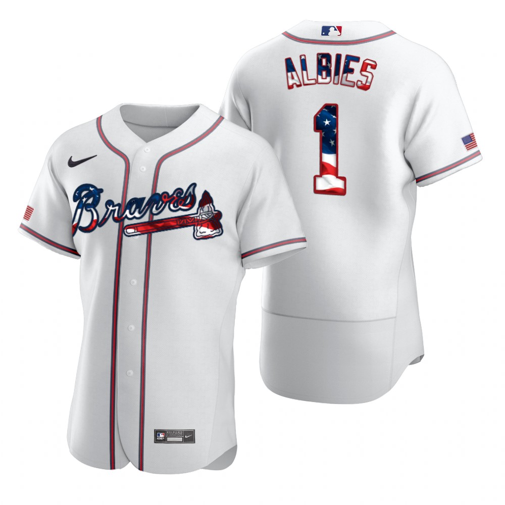 Atlanta Braves #1 Ozzie Albies Men Nike White Fluttering USA Flag Limited Edition Authentic MLB Jersey